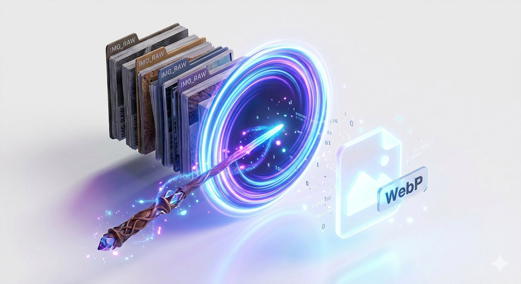 무거운 이미지 파일을 가벼운 WebP 포맷으로 압축하는 과정을 상징하는 밝은 배경 마법사톤 3D 이미지