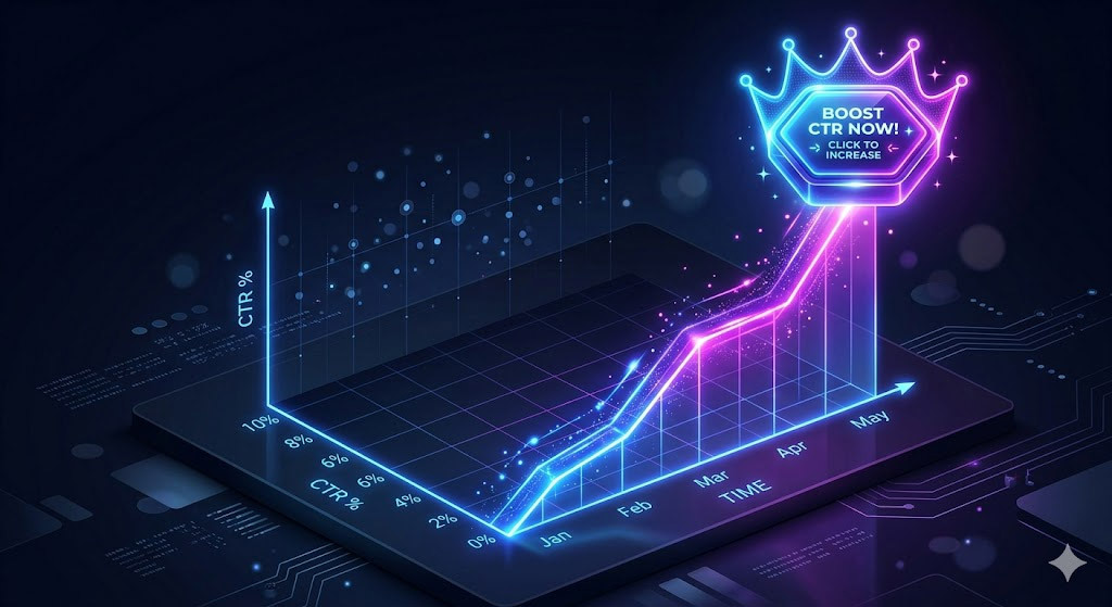 CTA 버튼 최적화를 통해 급상승하는 클릭률(CTR) 그래프 어두운 배경 마법사톤 3D 이미지