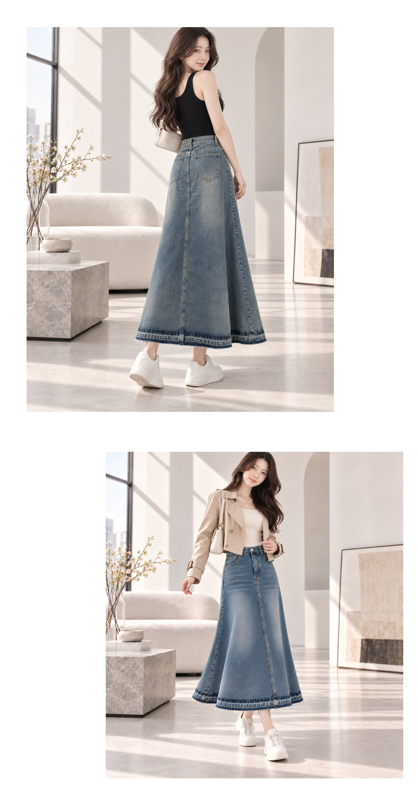 레브 A라인 데님 롱스커트 뒷포켓 후면핏 여성 청치마 코디