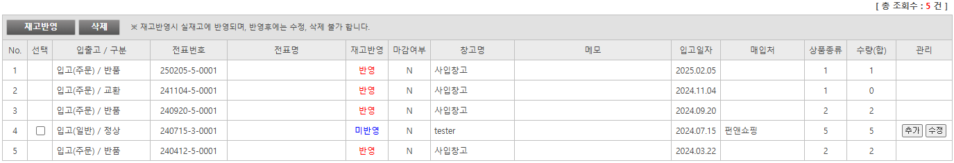 검색버튼 클릭시 나타나는 항목입니다.