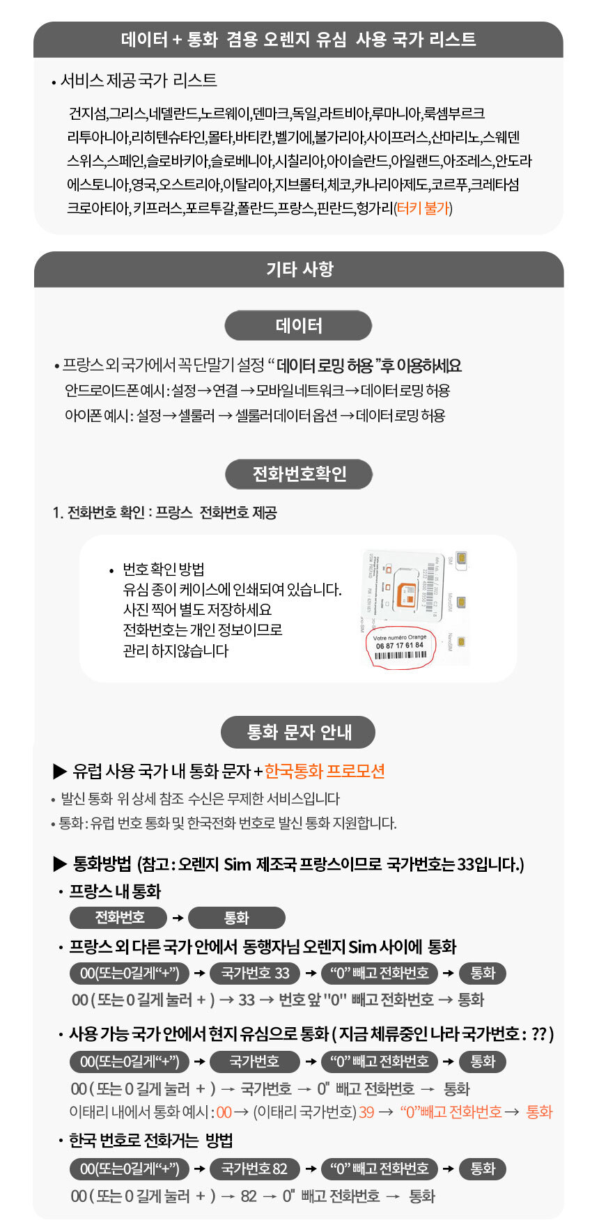 유럽유심 오렌지 유심 데이터 통화 핫스팟 지원 프랑스 이탈리아 스페인 전유럽통화-모바일 11번가