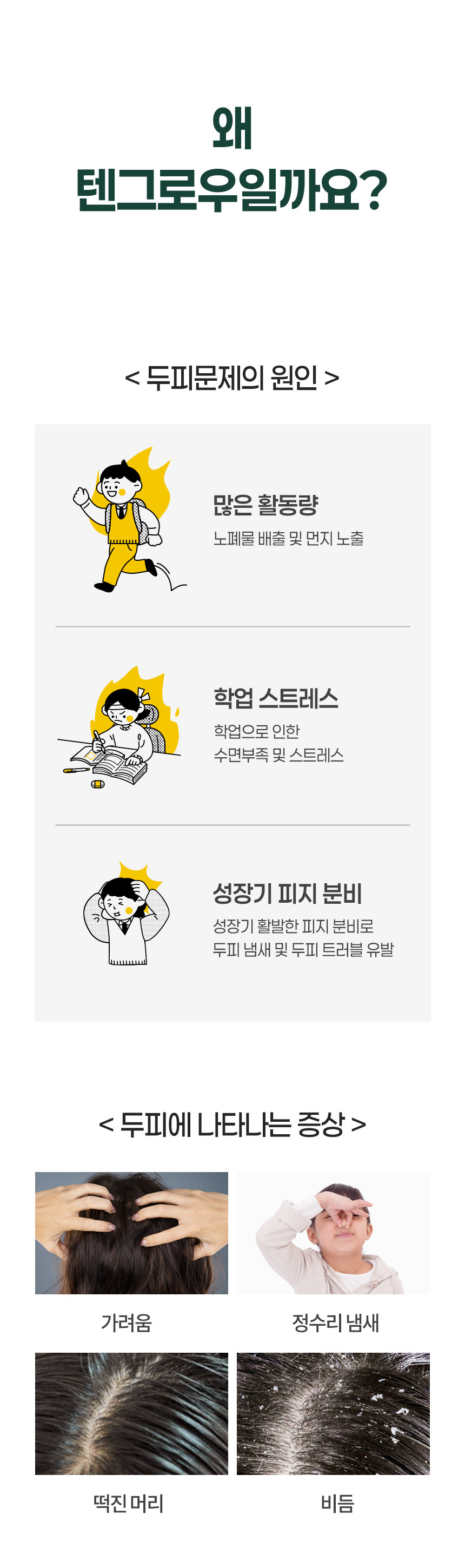 상세페이지6번_가려움, 정수리 냄새, 떡진머리, 비듬으로 고민이라면 텐그로우!