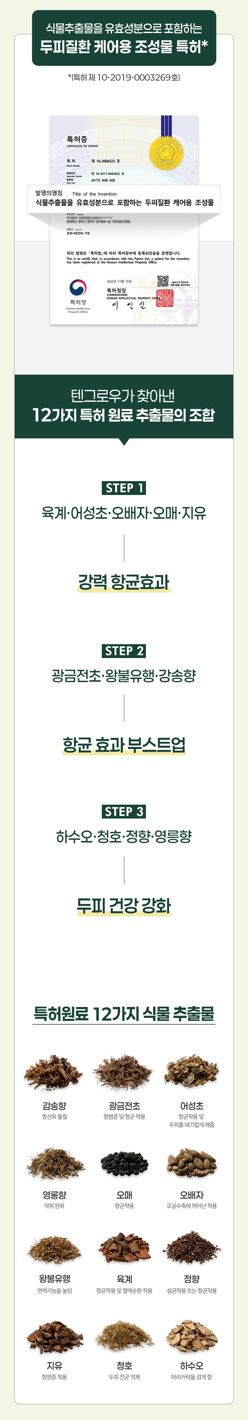 상세페이지17번_식물추출물을 유효성분으로 포함하는 두피질환 케어용 조성물 특허 샴푸 텐그로우는 12가지 특허 원료 추출물을 조합했습니다.