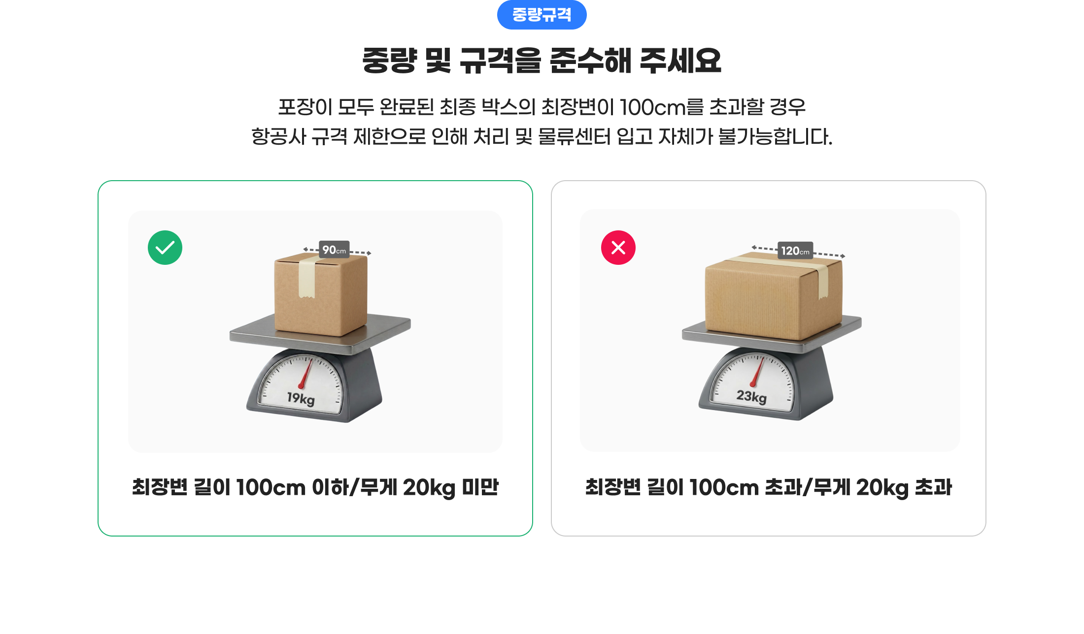 중량규격. 중량 및 규격을 준수해 주세요. 포장이 모두 완료된 최종 박스의 최장변이 100cm를 초과할 경우 항공사 규격 제한으로 인해 처리 및 물류센터 입고 자체가 불가능합니다.