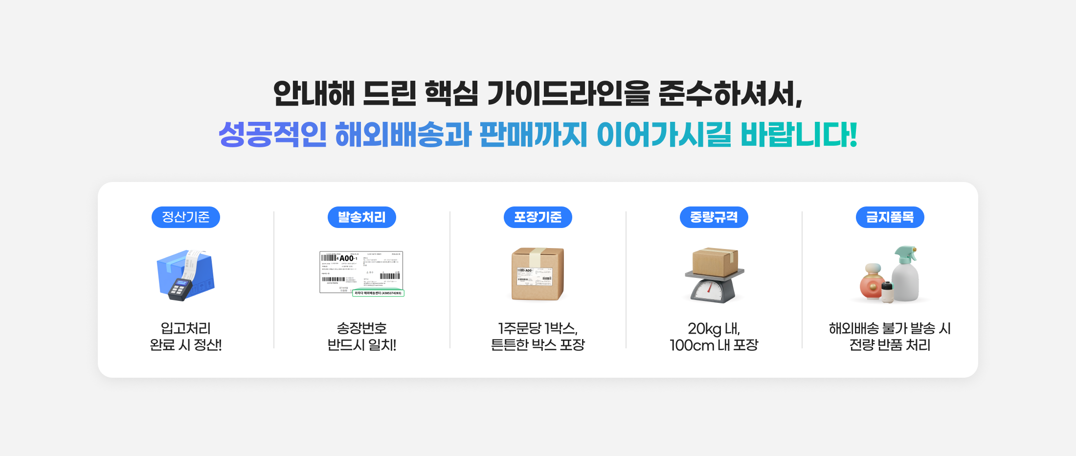 안내해 드린 핵심 가이드라인을 준수하셔서, 성공적인 해외배송과 판매까지 이어가시길 바랍니다! 정산기준: 입고처리 완료 시 정산! 발송처리: 송장번호 반드시 일치! 포장기준: 1주문당 1박스, 튼튼한 박스 포장. 중량규격: 20kg 내, 100cm 내 포장. 금지품목: 해외배송 불가 발송 시 전량 반품 처리.
