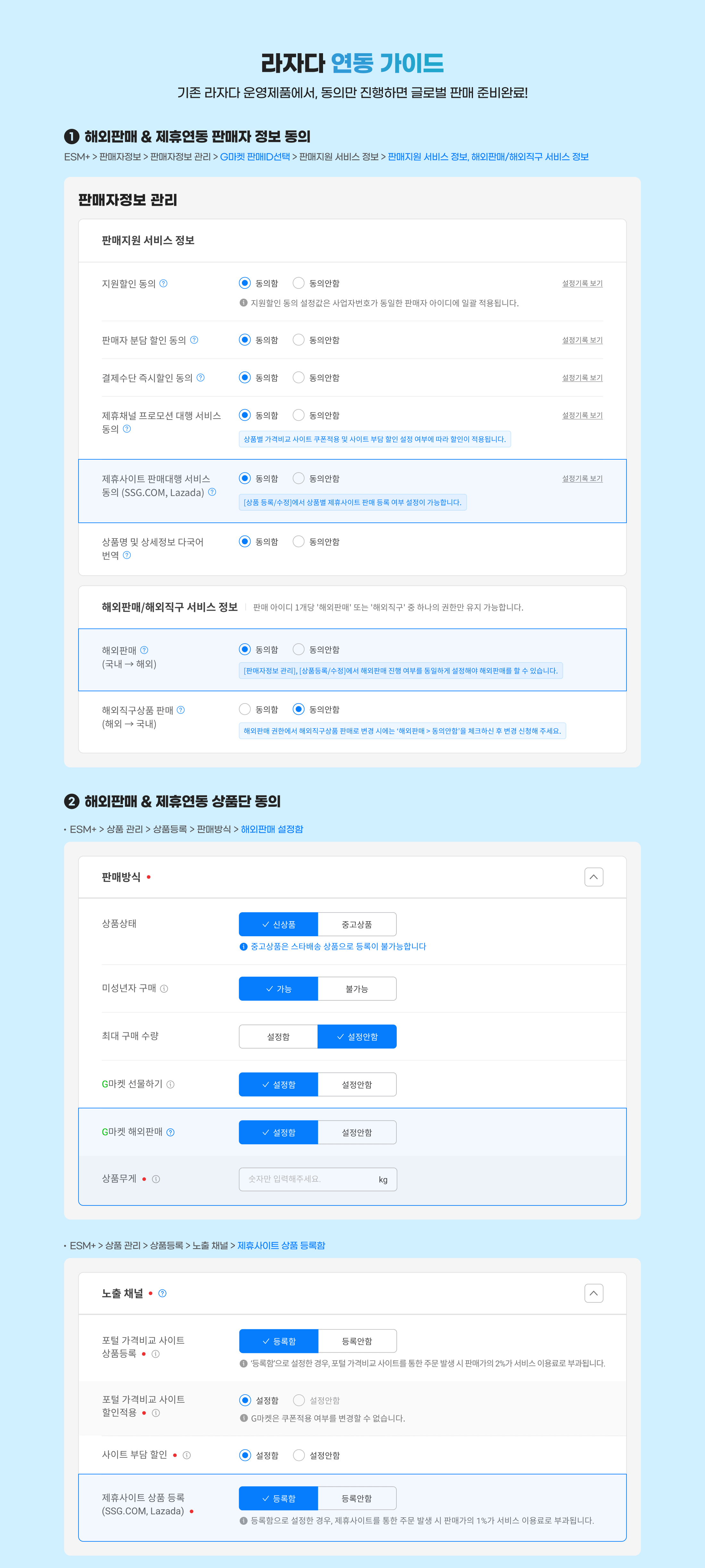 라자다 연동 가이드. 기존 라자다 운영제품에서, 동의만 진행하면 글로벌 판매 준비완료! 1. 해외판매&제휴연동 판매자 정보 동의 2. 해외판매&제휴연동 상품단 동의