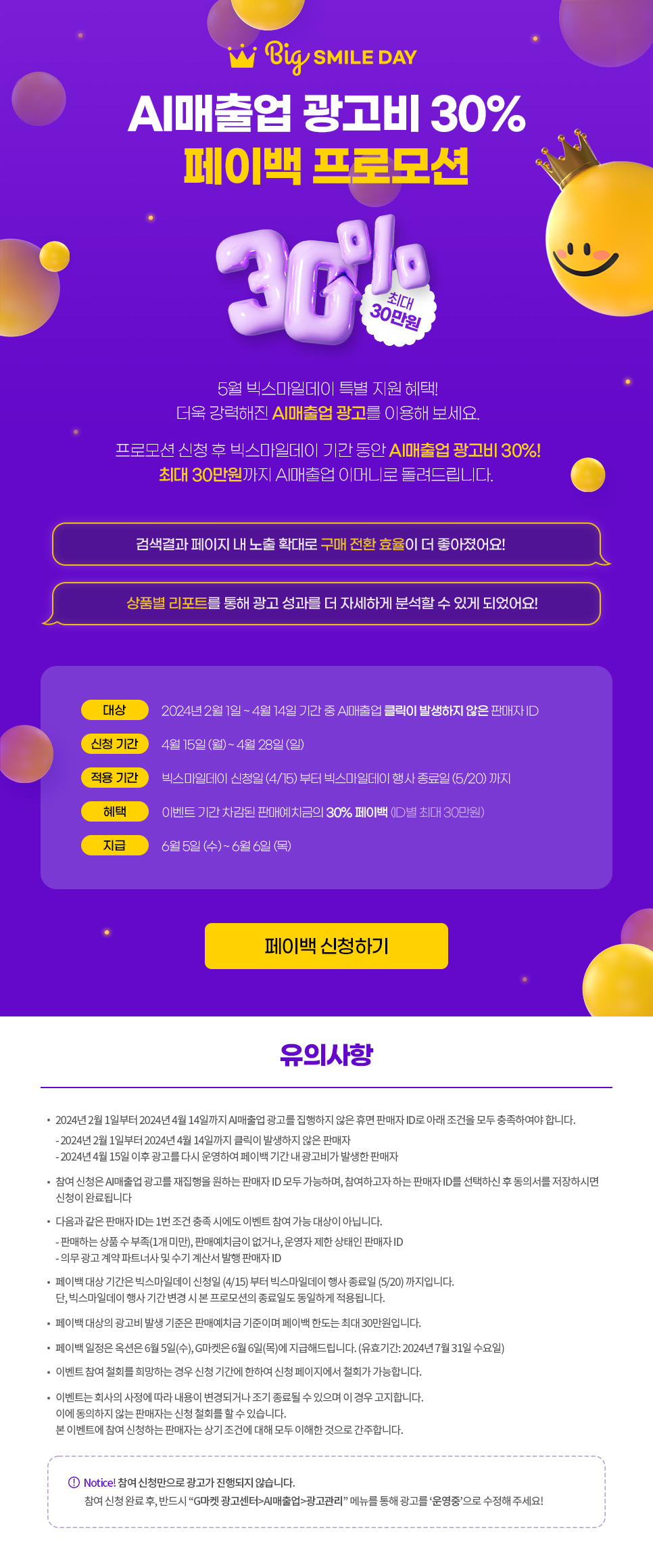 Big SMILE DAY AI매출업 광고비 30% 페이백 프로모션