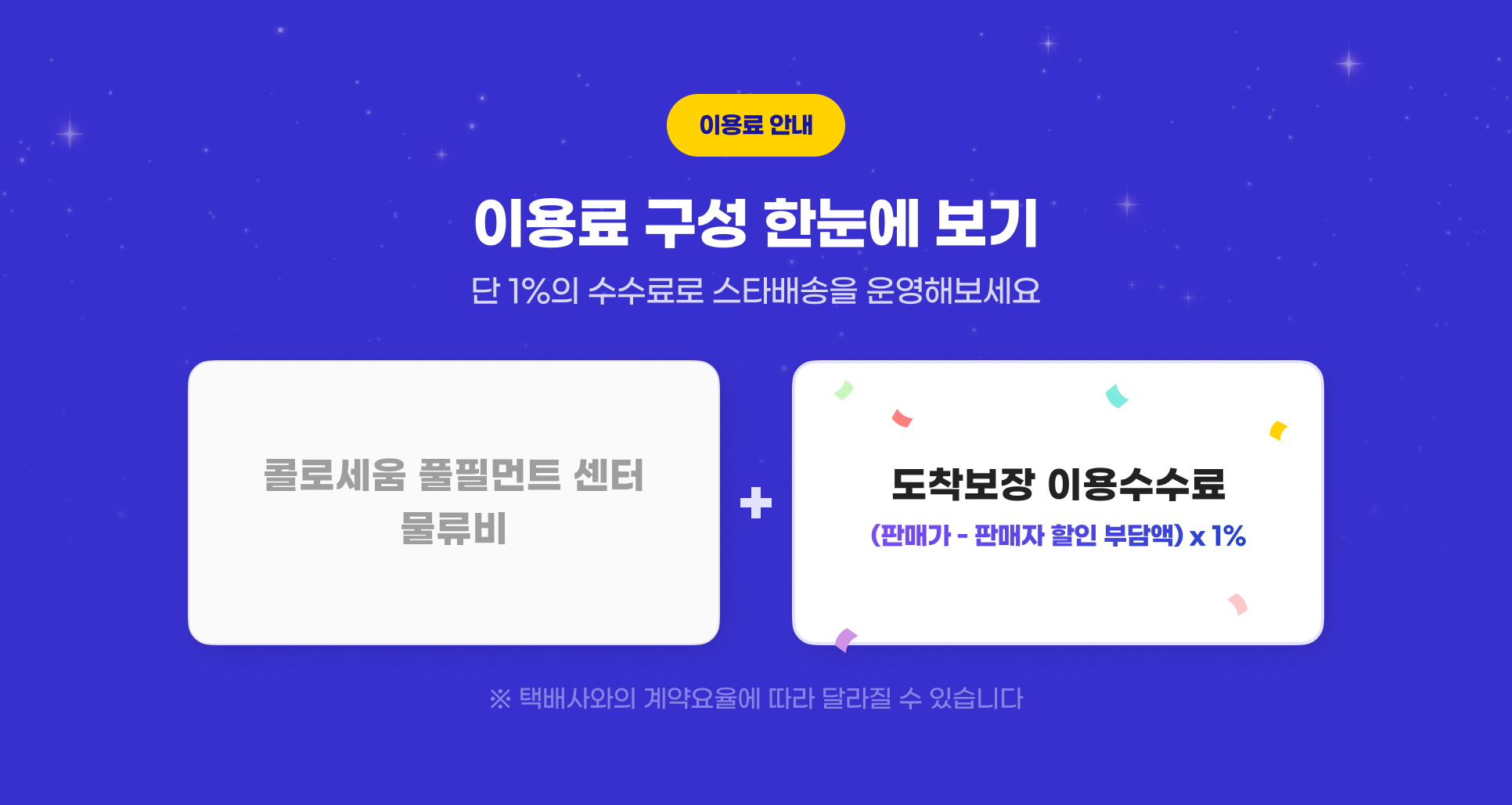 �댁슜猷� �덈궡. �댁슜猷� 援ъ꽦 �쒕늿�� 蹂닿린. �� 1%�� �섏닔猷뚮줈 �ㅽ�諛곗넚�� �댁쁺�대낫�몄슂. 肄쒕줈�몄� ���꾨㉫�� �쇳꽣 臾쇰쪟鍮� + �꾩갑蹂댁옣 �댁슜�섏닔猷�(�먮ℓ媛� - �먮ℓ�� �좎씤 遺��댁븸) x 1%. �앸같�ъ��� 怨꾩빟�붿쑉�� �곕씪 �щ씪吏� �� �덉뒿�덈떎.