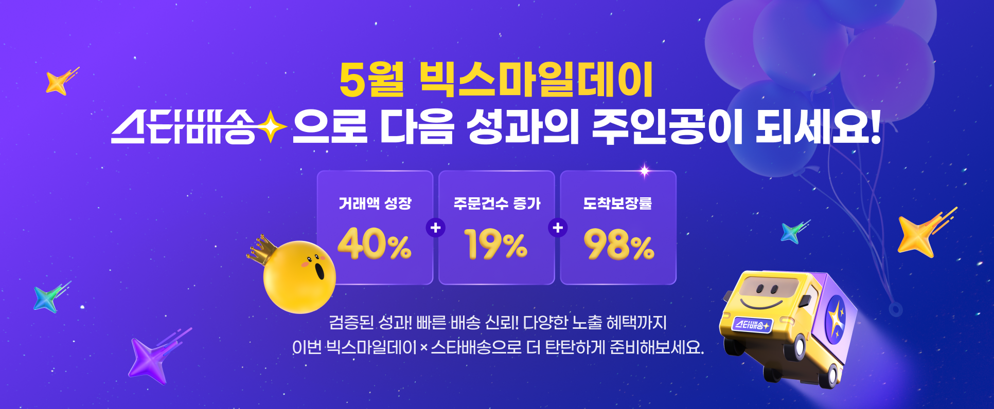5월 빅스마일데이 스타배송으로 다음 성과의 주인공이 되세요! 거래액 성장:40%. 주문건수 증가:19%. 도착보장률:98%. 검증된 성과! 빠른 배송 신뢰! 다양한 노출 혜택까지 이번 빅스마일데이x스타배송으로 더 탄탄하게 준비해보세요.
