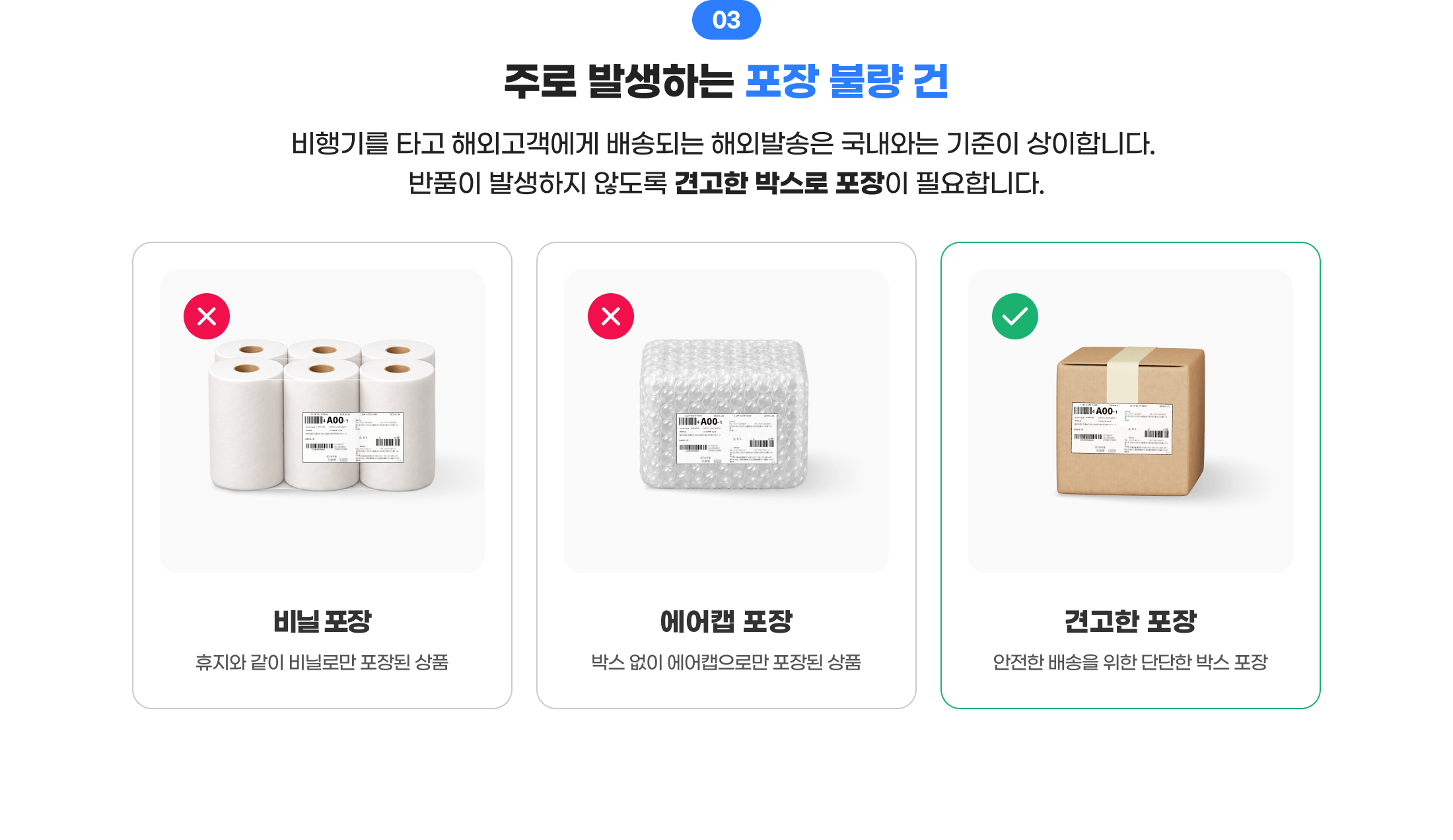 03 주로 발생하는 포장 불량 건. 비행기를 타고 해외고객에게 배송되는 해외발송은 국내와는 기준이 상이합니다. 반품이 발생하지 않도록 견고한 박스로 포장이 필요합니다. 비닐 포장, 에어캡 포장은 불가하며 견고한 박스 포장을 해주세요.