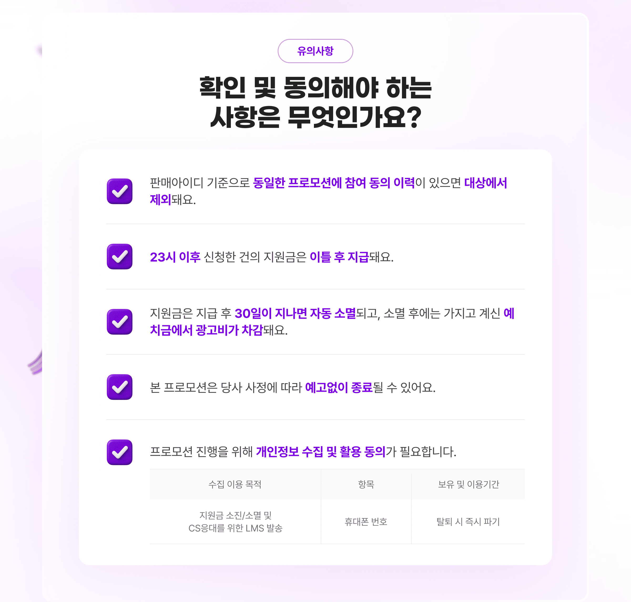 유의사항. 확인 및 동의해야 하는 사항은 무엇인가요? 판매아이디 기준으로 동일한 프로모션에 참여 동의 이력이 있으면 대상에서 제외돼요. 23시 이후 신청한 건의 지원금은 이틀 후 지급돼요. 지원금은 지급 후 30일이 지나면 자동 소멸되고, 소멸 후에는 가지고 계신 예치금에서 광고비가 차감돼요. 본 프로모션은 당사 사정에 따라 예고없이 종료될 수 있어요. 프로모션 진행을 위해 개인정보 수집 및 활용 동의가 필요합니다. 수집 이용 목적: 지원금 소진/소멸 및 CS응대를 위한 LMS 발송. 항목: 휴대폰 번호. 보유 및 이용기간: 탈퇴 시 즉시 파기