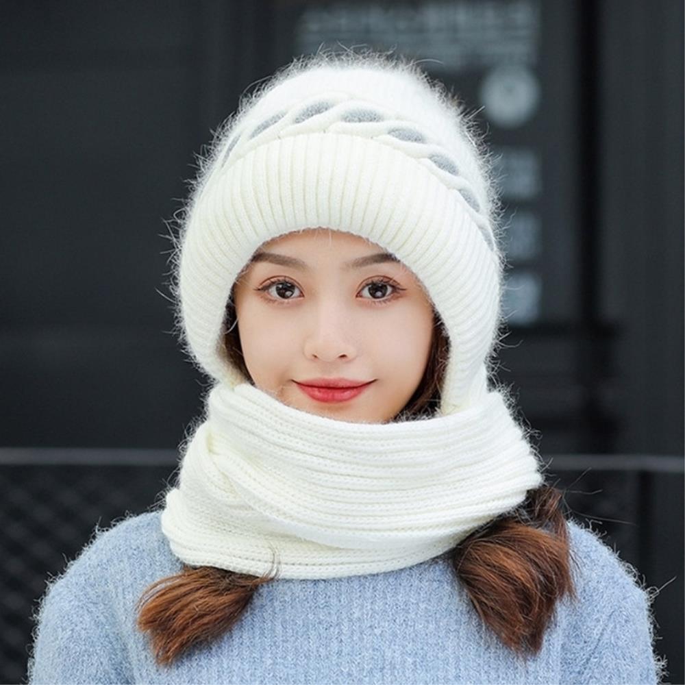 따뜻한 겨울 여성 방울 기모 모자 후드 니트 목도리