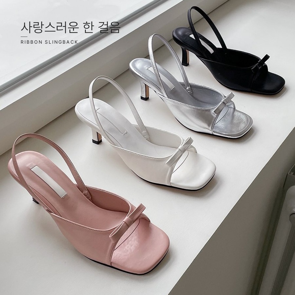 사랑스러운 리본 디테일 슬링백 힐 핑크 화이트 실버 블랙 봄 코디