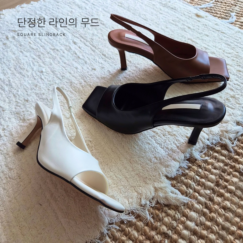 모던한 스퀘어 오픈토 슬링백 힐 화이트 블랙 브라운 데일리 코디