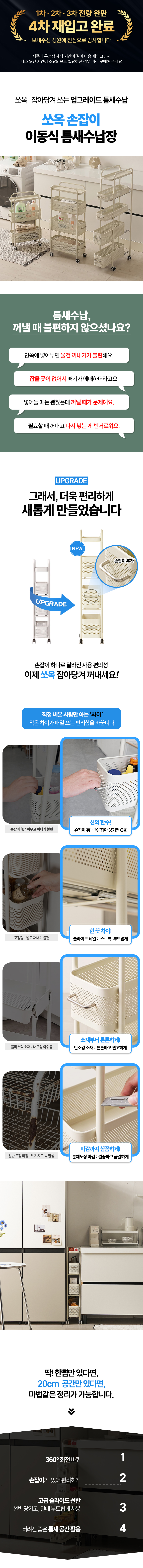쏘옥 냉장고 틈새수납장 슬라이딩 세탁실선반 슬림 이동식 수납장 트롤리 2size 상세 이미지 1