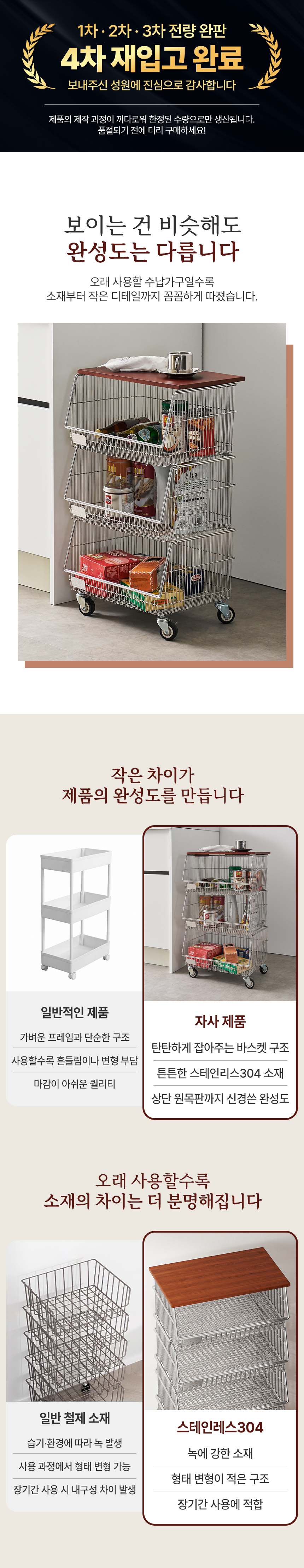 스테인리스 바스켓 3단 트롤리 철제 웨건 모듈 이동식 트레이 수납 주방 바구니 카트 상세 이미지 2