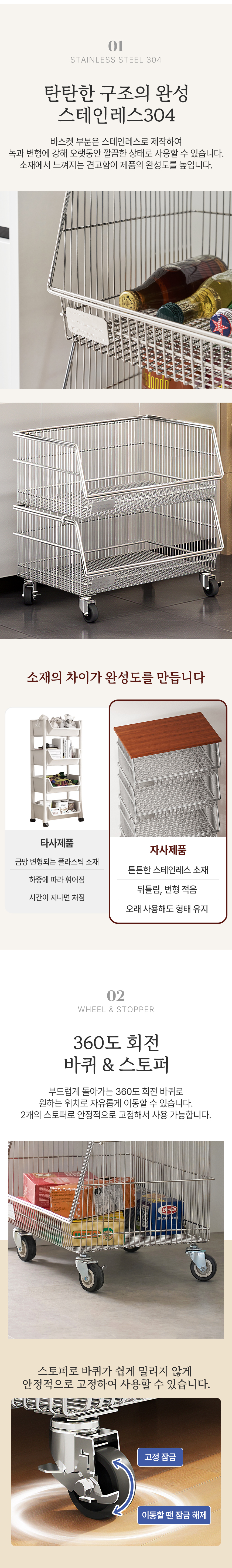 스테인리스 바스켓 3단 트롤리 철제 웨건 모듈 이동식 트레이 수납 주방 바구니 카트 상세 이미지 4