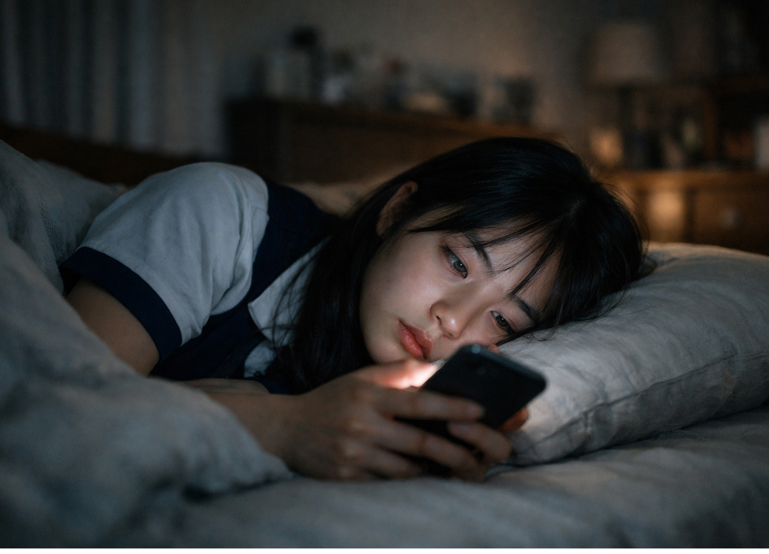 잠들기 전 스마트폰을 보고 있는 모습