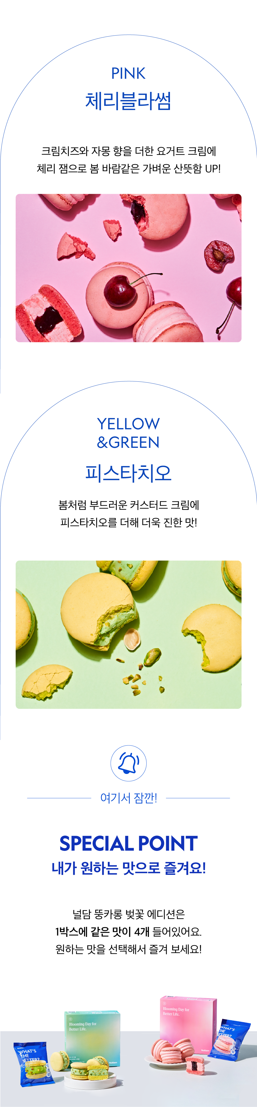 마카롱 제품 소개 및 특징 설명 : PINK 체리블라썸 YELLOW&GREEN 피스타치오 SPECIAL POINT 내가 원하는 맛으로 즐겨요!