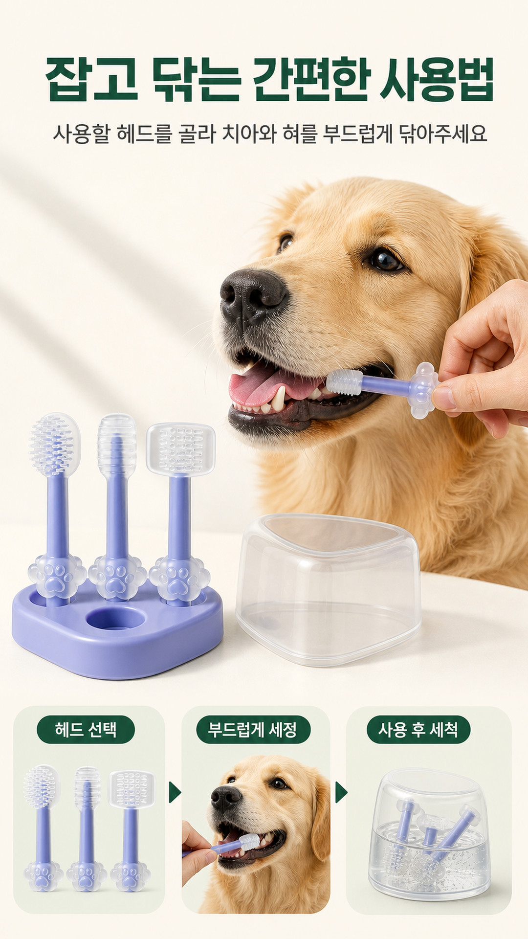 강아지 3종 세트 어금니 양치 반려동물 고양이 소형견 칫솔 혀클리너 치석제거 PE 상세 이미지 5
