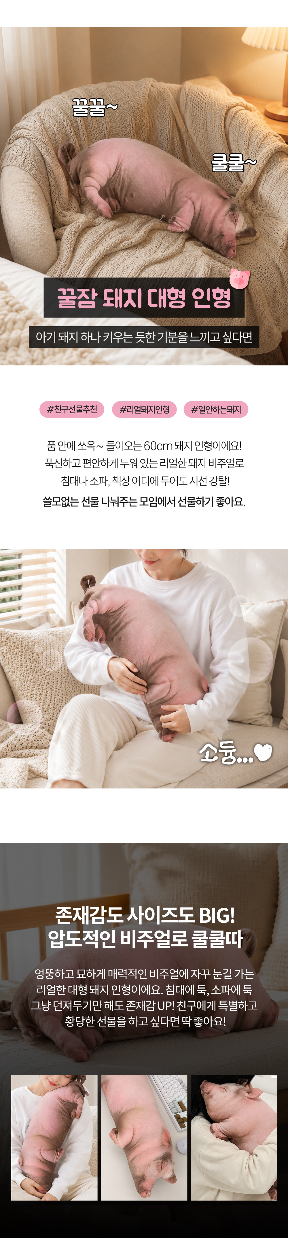 리얼 돼지 봉제인형 대형 동물 쿠션 인테리어 소품 인형 60cm 상세 이미지 1